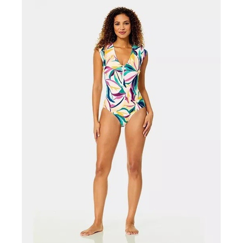 Women's Mexican Riviera Zip Front V Neck Short Sleeve One Piece Swimsuit NWT 10